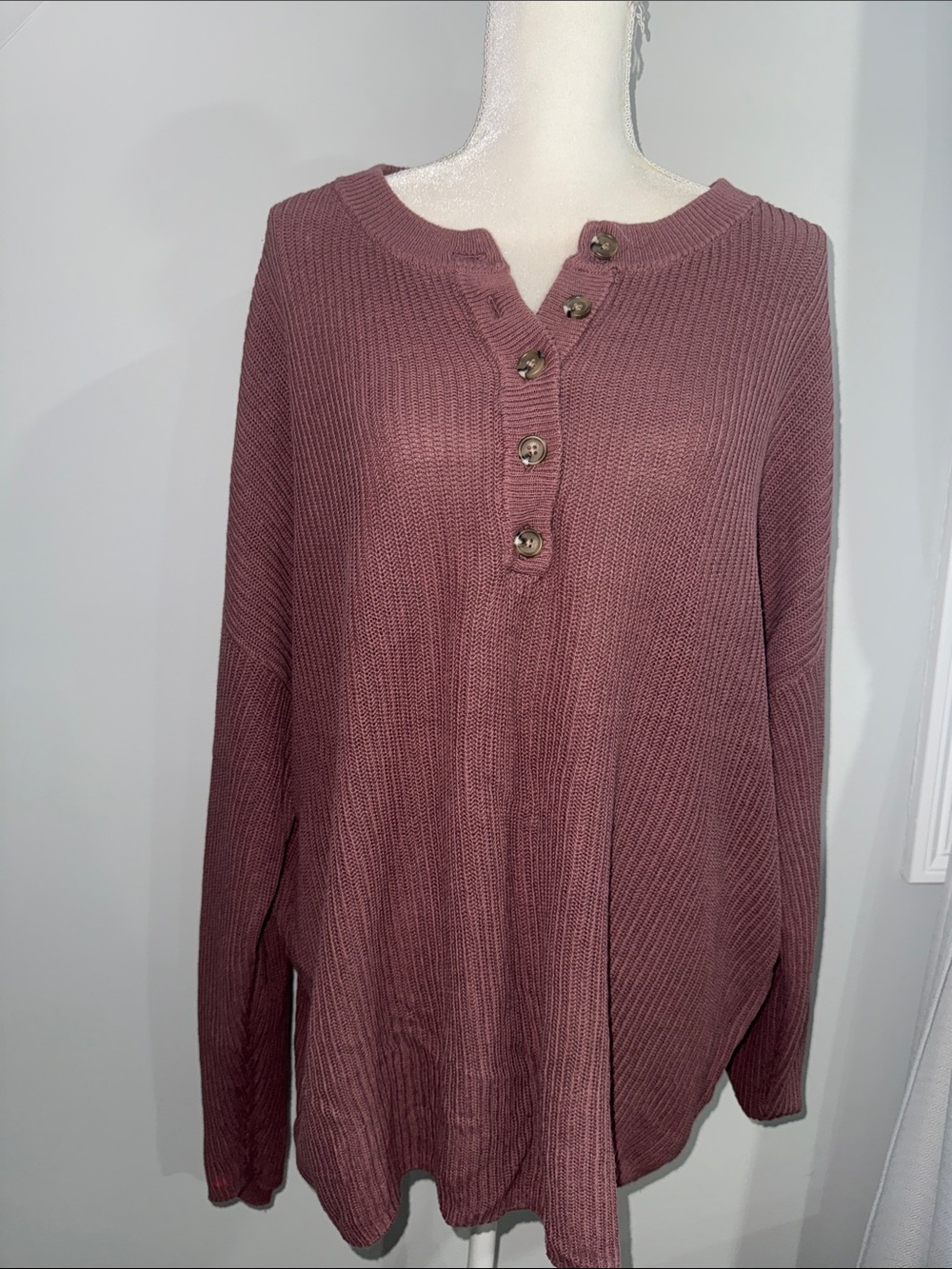 aerie Waffle Henley Pullover - Dusty Plum